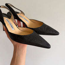 Load image into Gallery viewer, Manolo Blahnik Carolyne Glitter Pointed Toe Slingback Heels Black 8.5
