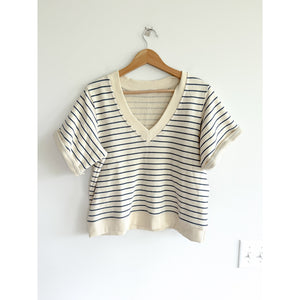 Perfectwhitetee French Terry Striped V-Neck Short Sleeve T-Shirt Cream Blue M