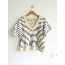 Load image into Gallery viewer, Perfectwhitetee French Terry Striped V-Neck Short Sleeve T-Shirt Cream Blue M
