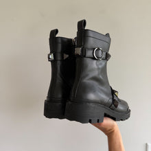 Load image into Gallery viewer, Valentino Garavani Rockstud Buckle Leather Slip-On Zipper Combat Boots Black NEW
