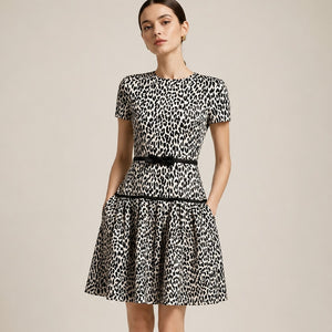 VALENTINO Silk Blend Animal Print Pleated Dress Black/White 10