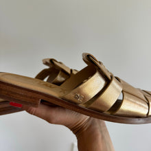 Load image into Gallery viewer, Sam Edelman Dina Fisherman Leather Slip On Mule Sandals Gold 7
