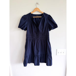 Quince Organic Cotton Poplin Tiered Short Sleeve Mini Dress Navy M
