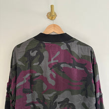 Load image into Gallery viewer, Anthropologie Marrakech Satin Camo Print Zip Up Bomber Jacket Purple/Black L
