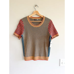 Anthropologie Keaton Geometric Short Sleeve Pullover Sweater Brown Green M NWT