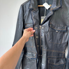 Load image into Gallery viewer, Jakett Meryl Vintage Leather Jacket Snap Front Fringe Seam Midnight L NWT
