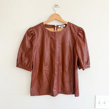 Load image into Gallery viewer, BB Dakota Faux It Up Crew Neck Puff Sleeve Faux Leather Blouse Brown M
