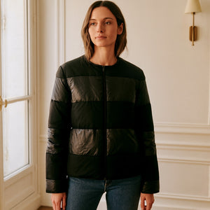 ST. JOHN Reversible Down Duck Feather Puffer Jacket in Caviar Multi $1195