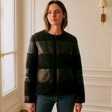 Load image into Gallery viewer, ST. JOHN Reversible Down Duck Feather Puffer Jacket in Caviar Multi $1195
