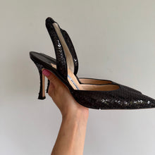 Load image into Gallery viewer, Manolo Blahnik Carolyne Sequin Pointed Toe Slingback Pumps Black 9.5
