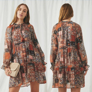 Hayden Paisley Patch Print Ruffle Neck Chiffon Tiered Mini Dress Brown S