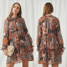 Load image into Gallery viewer, Hayden Paisley Patch Print Ruffle Neck Chiffon Tiered Mini Dress Brown S
