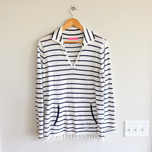 Lily Pulitzer Crestwood Striped Fringe Hem Pullover Sweater White Navy S