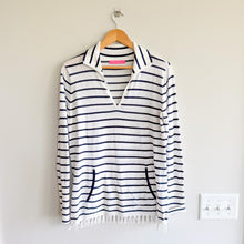 Load image into Gallery viewer, Lily Pulitzer Crestwood Striped Fringe Hem Pullover Sweater White Navy S

