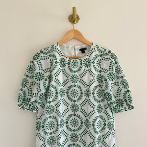 Ann Taylor Eyelet Crew Neck Puff Sleeve Casual Shift Dress Green/White XS