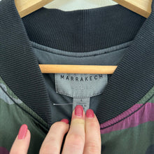 Load image into Gallery viewer, Anthropologie Marrakech Satin Camo Print Zip Up Bomber Jacket Purple/Black L
