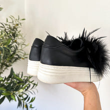 Load image into Gallery viewer, Here/Now Lily Feather Pom Leather Slip On Platform Sneaker Black 8.5
