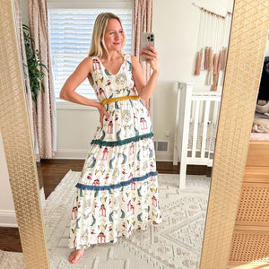 Verandah Chhatri Print Tiered Sleeveless Plunge Neck Maxi Dress White XS