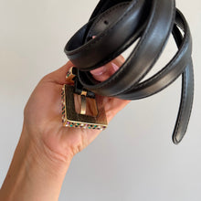 Load image into Gallery viewer, Sezane Charline Cow Leather Multicolor Crystal Gold Buckle Belt Black
