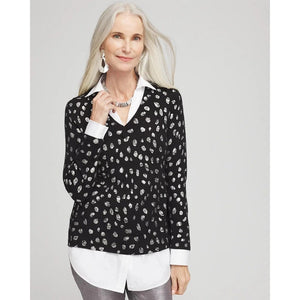 Chico's Foil Spotted Built-In Shirt Knit Pullover Collared Sweater Black L NWT