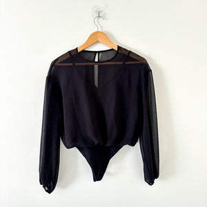 Wilfred Talmont Sheer Long Sleeve Chiffon Thong-Cut Bodysuit Black XS