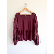 Load image into Gallery viewer, Free People Penny Embroidered Sheer Sleeve Peplum Blouse Purple Red M
