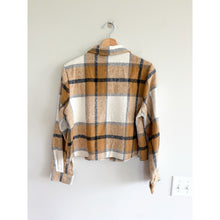 Load image into Gallery viewer, Plaid Flap Pockets Collared Button Front Shacket Brown Cream S
