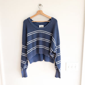 Aerie Beyond Scoop Neck Striped Knit Cropped Sweater Blue White M
