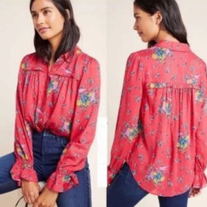 Anthropologie Maeve Fredericka Bird Floral Print Ruffle Button Up Shirt Red 0