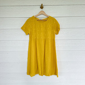 Terzo Millennio Linen Embroidered Short Sleeve Shift Mini Dress Yellow S