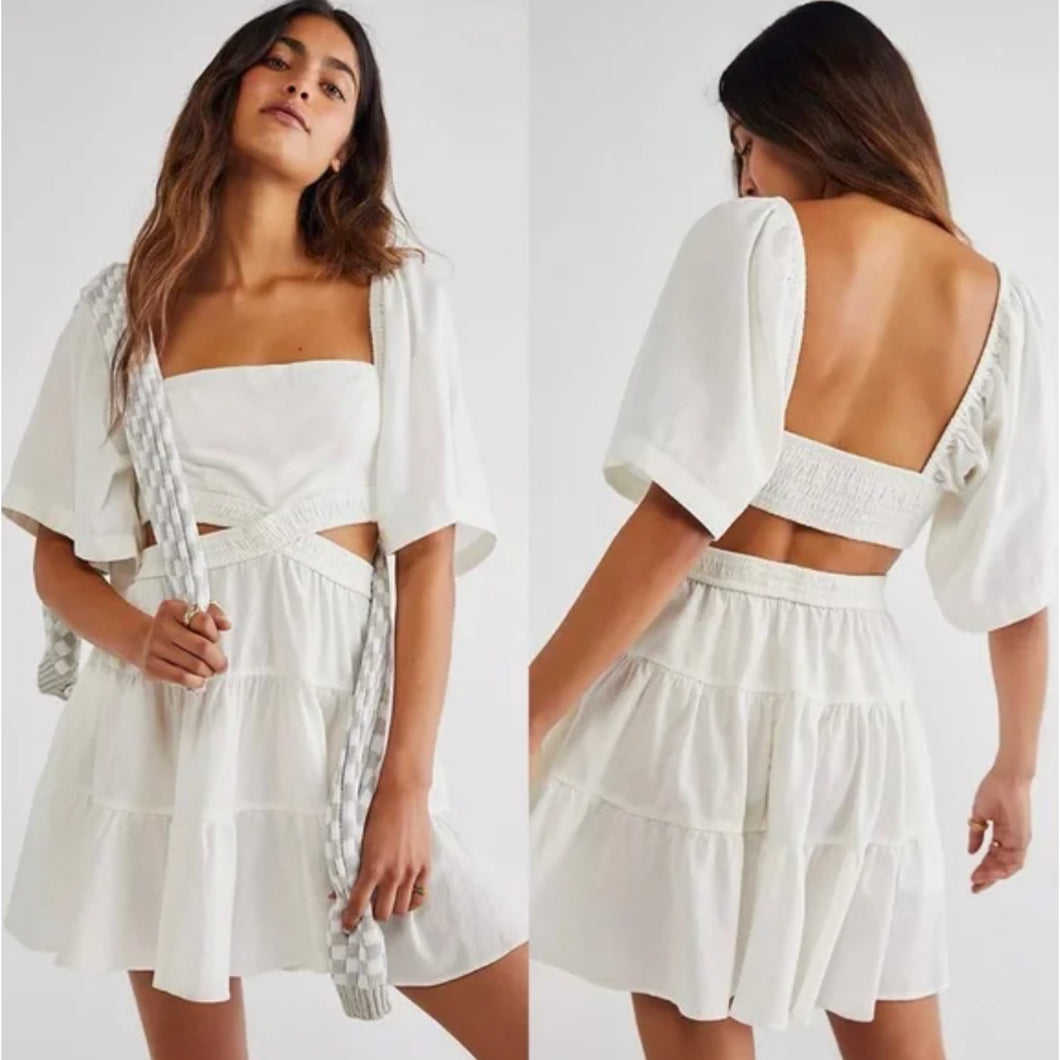Free People Cross of Sunlight Cut Out Linen Mini Dress Ivory M