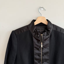 Load image into Gallery viewer, BCBGMaxazria Satin Detail Zip Up Ruffle Hem Peplum Military Jacket Black M
