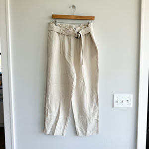 Ann Taylor Striped Belted Straight Leg High Rise Paperbag Pants Cream L