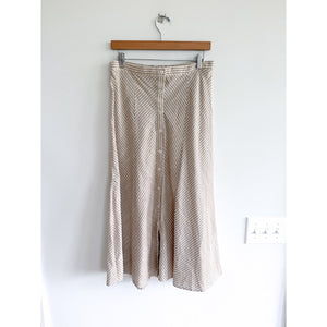 Max Studio Stripe Button Front Elastic Waist A-Line Midi Skirt Beige White M