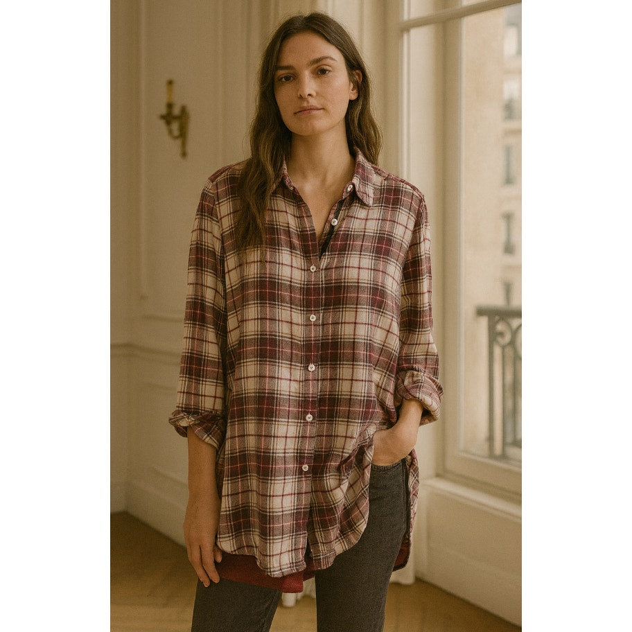 Johnny Was 3J Workshop Lorie Plaid Embroidered Shirt Burgundy M