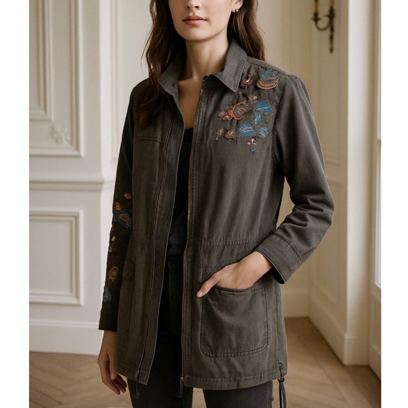 Willow & Clay Embroidered Long Zip Up Jacket S NWT