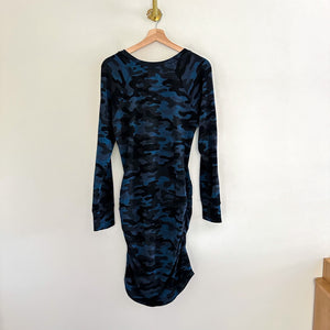 Sundry Camo Print 3/4 Sleeve Knee Length Round Neck Sweater Dress Blue/Black 2