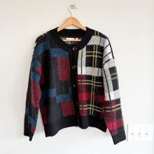 Load image into Gallery viewer, RD Style Plaid Pattern Crew Neck Knit Button Front Cardigan Black Blue M
