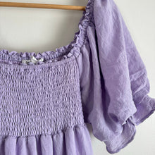 Load image into Gallery viewer, &amp;Merci Tiered Smocked Short Sleeve  Square Neck Midi Dress Purple S
