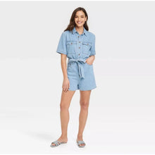 Load image into Gallery viewer, Universal Thread Button Front Denim Short Sleeve Romper Blue 6
