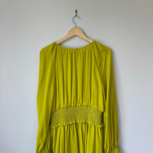 Load image into Gallery viewer, Kate Spade Smocked Silk Georgette Mini Dress Green/Yellow XL NWT
