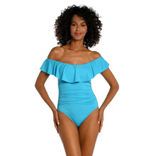 Load image into Gallery viewer, La Blanca Off Shoulder Ruffles Trim One Piece Swimwear Blue 12 NWT

