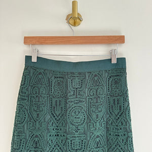 Ann Taylor Lace Knee-Length High Rise Fringe Hem Pencil Skirt Green 2