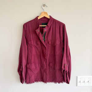 Sanctuary Roy Frayed Raw Hem Mock Neck Zip Up Army Jacket Burgundy Red M