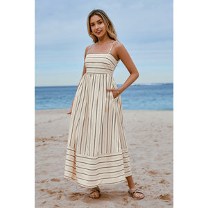 Cupshe Striped Pattern Sleeveless Cut Out Maxi Dress Cream L NWT