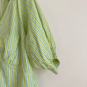 Sanctuary V-Neck Striped Puff 3/4 Sleeve Poplin Blouse Green L