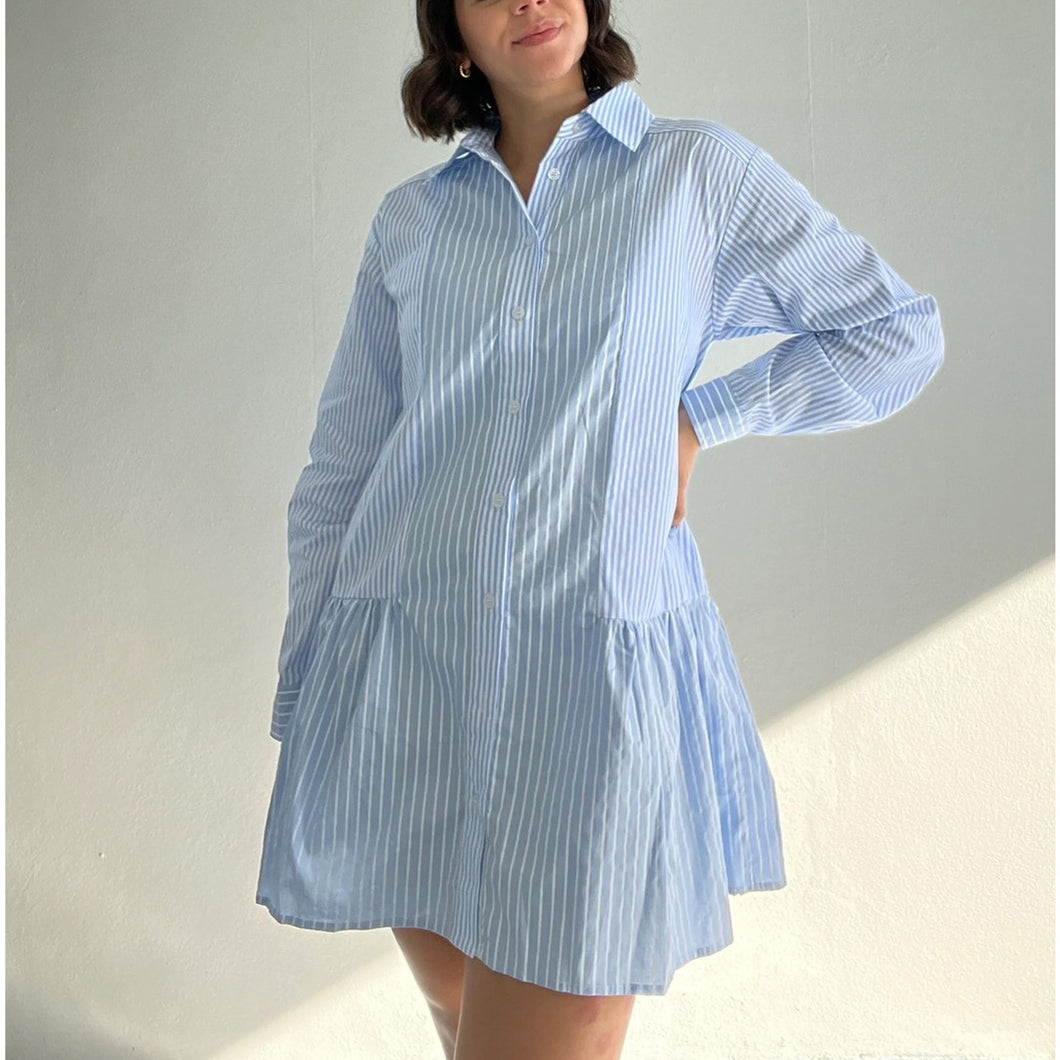 Lalavon Striped Long Sleeve Button Front Mini Shirt Dress Blue L