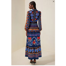 Load image into Gallery viewer, Avara Desi Floral Paisley Print Crew Neck Long Sleeve Maxi Dress Blue S
