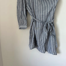 Load image into Gallery viewer, BCBGMAXAZRIA Jolee Cotton Striped One Shoulder 3/4 Sleeve Mini Dress Blue S
