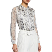 Load image into Gallery viewer, Elie Tahari Silk Terri Snake Print Pleated Button Up Shirt Gray M
